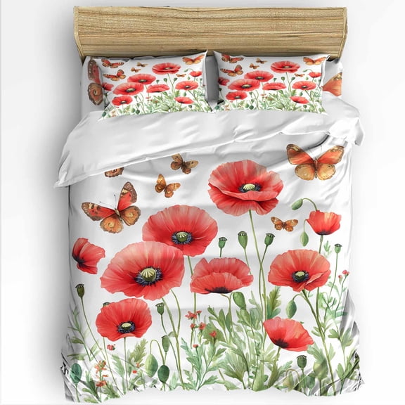 Spring Poppy Flower King Size Comforter Set, Butterfly Green Leaf Soft Bedding for All Seasons, 4 Pcs Bed Set with 1Comforter (90"x106") ,1 Sheet(94"x116"), 2 Pillowcases (19"x35")