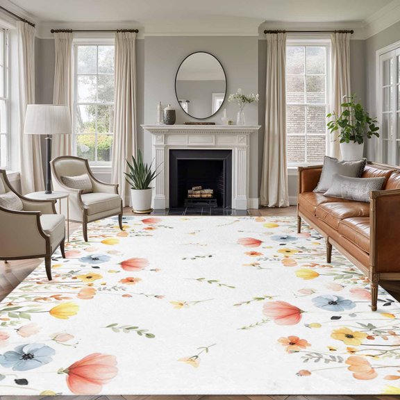 Spring Poppy Flowers 8'x10' Large Area Rug for Living Room Sectional Sofa, Colorful Floral Farmhouse Watercolor Non Slip Low Pile Rectangle Area Rug, Machine Washable Indoor Outdoor Mat