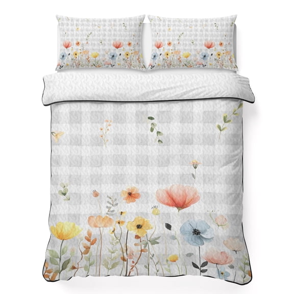 Spring Poppy Flowers California King Quilt Bedding Set, Colorful Floral Farmhouse Gray Plaid Lightweight Comforter with 2 Pillow Shams Bedroom Bedspread Set Home Decor for All Seasons