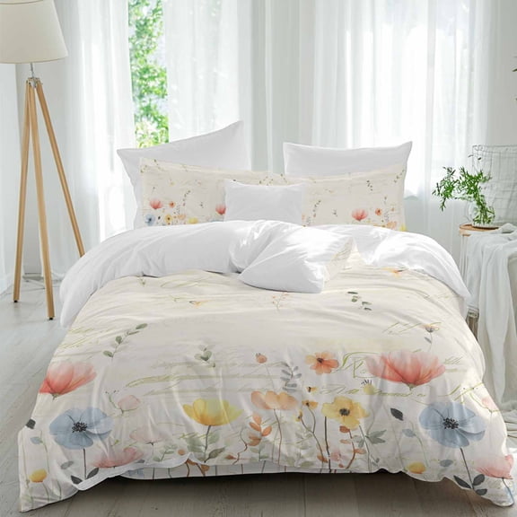 Spring Poppy Flowers Twin Size Comforter Set, Colorful Floral Farmhouse Vintage Bedding for All Seasons, 4 Pcs Bed Set, 1 Quiltcover (68"x86") ,1Sheet(67"x116"), 2Pillowcases (30"x20")