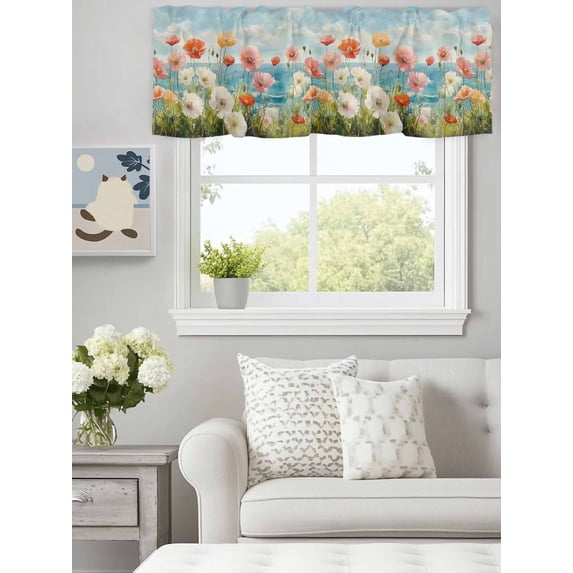 Spring Poppy Watercolor Flower Valances for Windows,Kitchen Valance Rod Pocket Short Curtain, Beach Scene Oil Painting Art Valance Curtain Window Valances for Bedroom Bathroom Living Room 60x18in