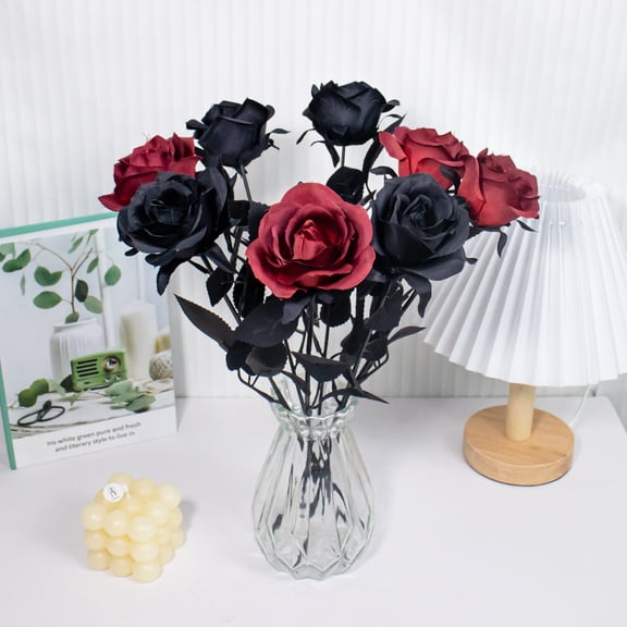 Spring Porch Decor,Faux Flowers,Rose Gothic Dark Artificial Flower Red/black Halloween Decoration Artificial Flower Silk Flower Artificial Flower 6pcs(Red)