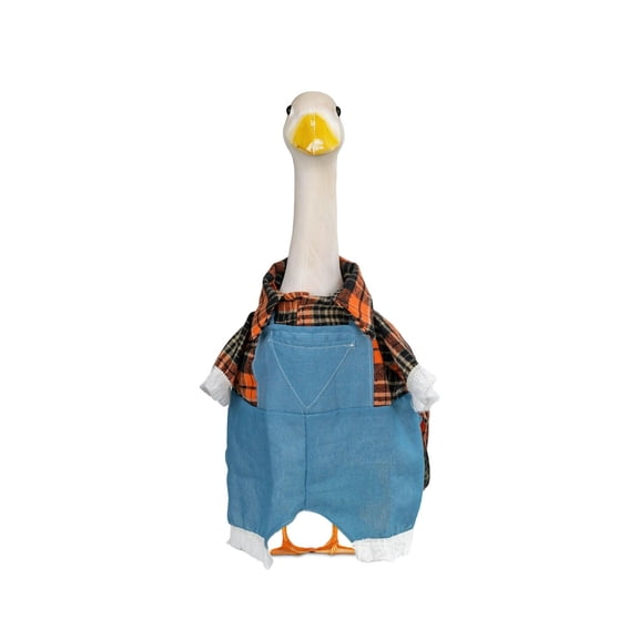 Spring Porch Goose Outfit 23in Gooses Farmer Plaid Shirt and Denim Overalls Set with Straw Hat Farmhouse Style Lawn Goose Costume for Garden Yard Decor