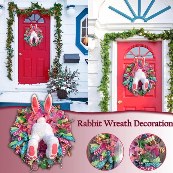 Spring Porch decorations Outdoor, 24 in, Easter Bunny Butt, Striped Eggs, deco Mesh, Multicolor Pattern, Front Porch decor Outdoor Entrance, 1 Pc