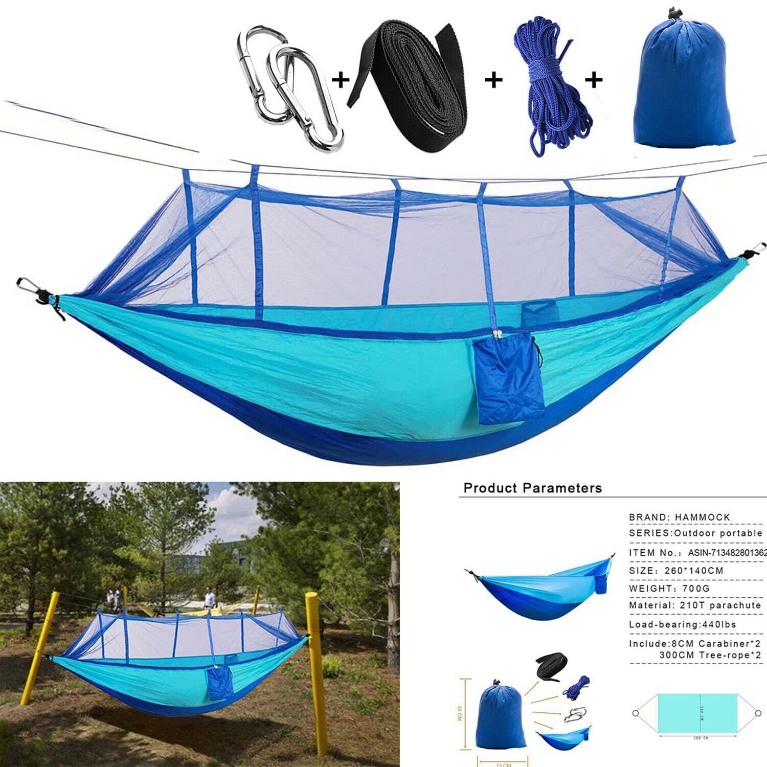 Spring Portable Double Person Camping Hammock Tent Strength Sleeping  Hanging Bed with Removable Mosquito Net Including Straps Carabiners, Rope &  Carry