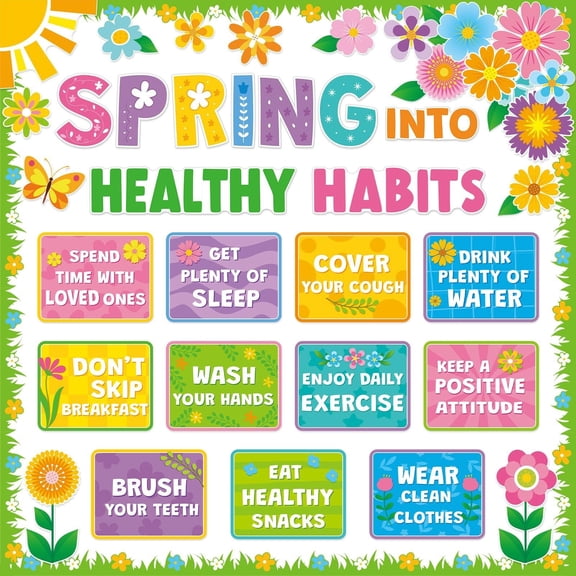 Spring Poster Healthy Bulletin Board Decorations Habits Poster Colorful Flower Butterfly Plants Poster For Teacher Classroom School Office Chalkboard Wall Supply