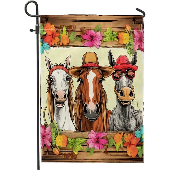 Spring Premium Garden Flag Horse Funny Board Floral Cute Farmhouse Country Pretty Beige And Tan Linen Party Decoration Sign Decoration Outside Patio Yard Lawn Standard Size Garden Flag 12x18 Inch