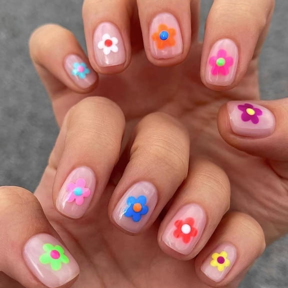 Spring Press on Nails Short Square Pink Fake Nails Colourful Flower Designs Cute Floral Extra Short Acrylic False Nails Glossy Full Cover Stick on Nails for Women Girls 24 Pcs Style 34 0.04 Fl Oz