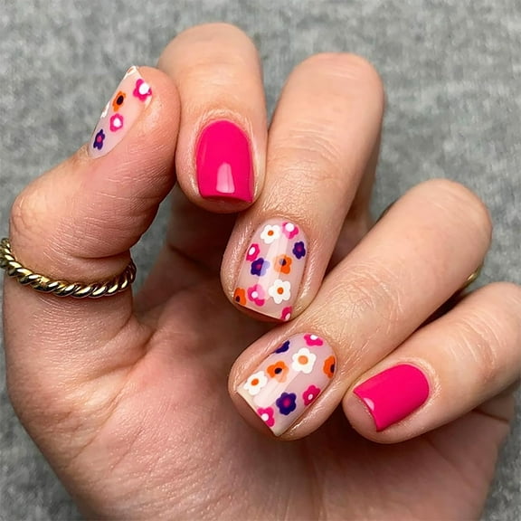 Spring Press on Nails Short Square Rose Pink Fake Nails Floral Full Cover False Nails with Flower Designs Glossy Press on Nail Acrylic Stick on Nails for Women Girls 24 Pcs Style 25 0.04 Fl Oz