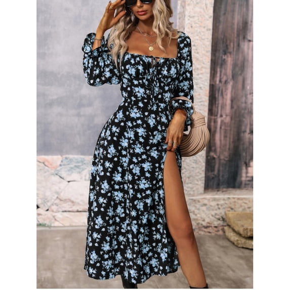 Spring Print Long-Sleeved Square Neck Slit Dress