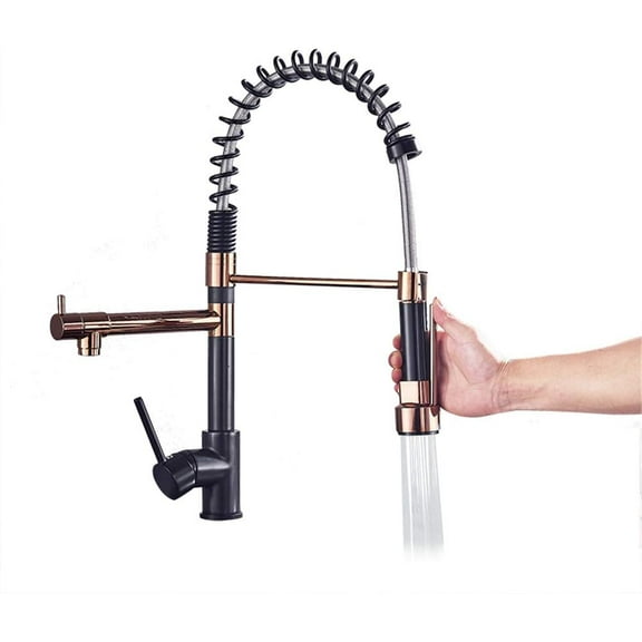 Spring Pull Down Kitchen Sink Faucet, Cold & Hot Water Black and Gold Mixer Tap, Chrome Finish Handheld Sprayer Shower Head, Single Handle with Dual Spout Deck Mounted,Black