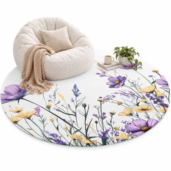 Spring Purple Area Rug 6', Yellow Flower Daisy Floral Leaves Soft Mat ...