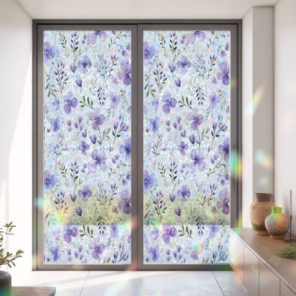 Spring Purple Blooming Flower Window Privacy Film,Decorative Windows Static Cling Watercolor Seamless Floral Heat Control Removable Glass Sticker for Home Bathroom Bedroom Window Door,35x79in