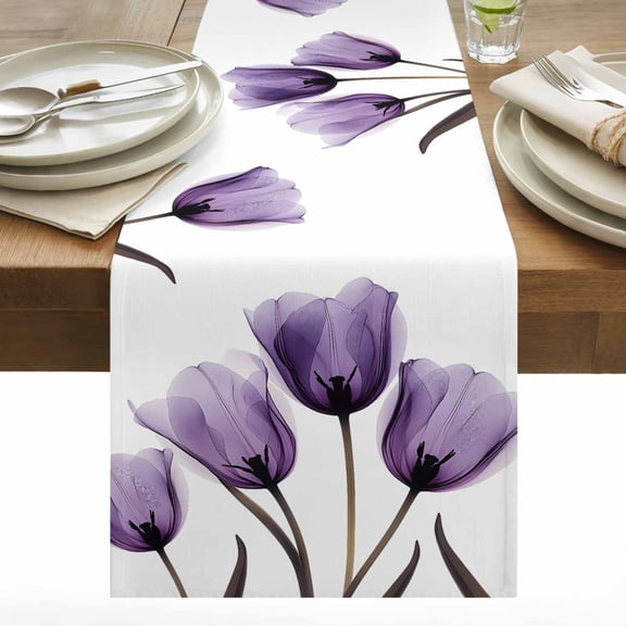 Spring Purple Cotton Linen Table Runner Flowers X-ray Image of Tulips Floral Dining Table Runners for Home Decor Party Dining Room Restaurant Kitchen 13" x 36"