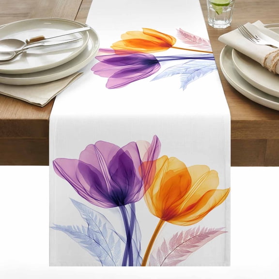 Spring Purple Cotton Linen Table Runner Orange X-ray Tulip Flower Dining Table Runners for Home Decor Party Dining Room Restaurant Kitchen 13" x 36"