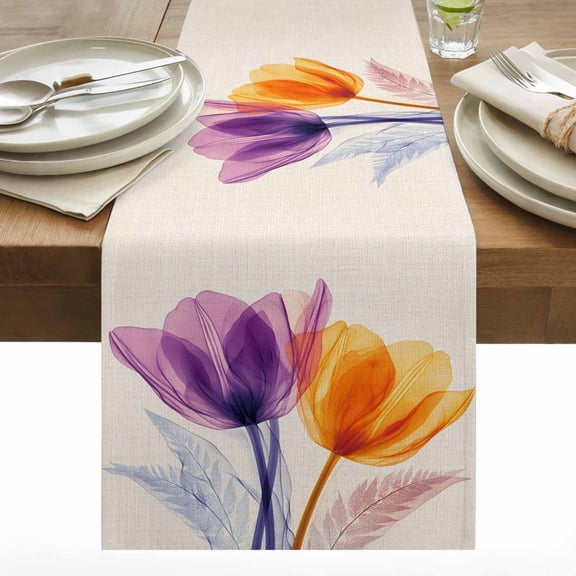Spring Purple Cotton Linen Table Runner Orange X-ray Tulip Flower Retro Dining Table Runners for Home Decor Party Dining Room Restaurant Kitchen 13" x 48"