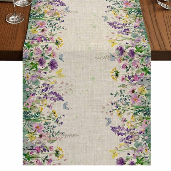 Spring Purple Floral Burlap Cotton Table Runner 13x36 Inches Short, Rustic Flowers Botanical Vintage Farmhouse Table Runners, Outdoor Dining Tablecloths Decor for Baby Shower/Party/Wedding