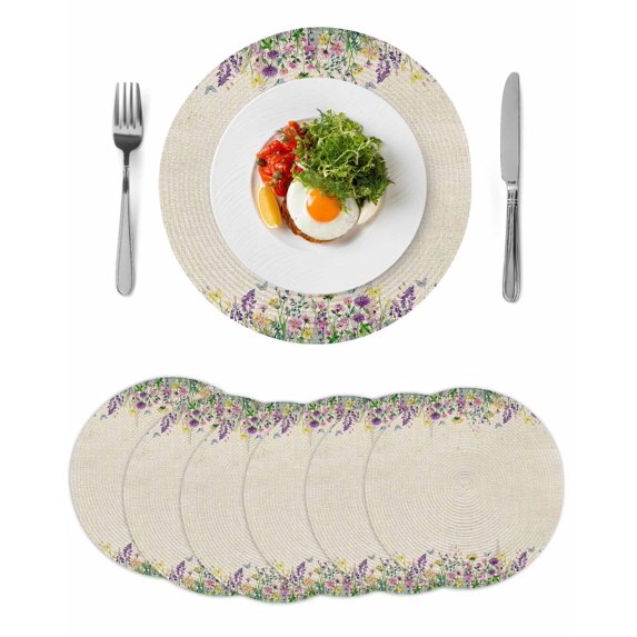 Spring Purple Floral Round 13 Inch Placemats Set of 6, Rustic Flowers Botanical Vintage HeatResistant Non Slip Place Mats for Dining Table, Wipeable Braided Kitchen Table Mats for Housewarming