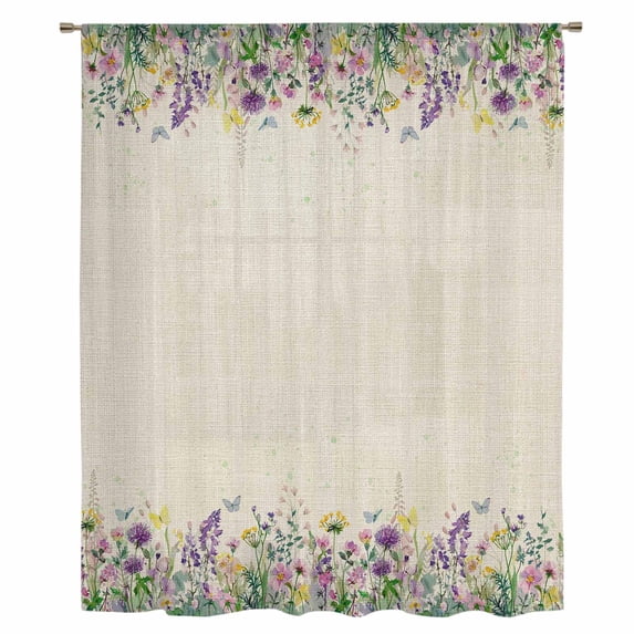 Spring Purple Floral Sheer Curtains 54 Inches Long, Rustic Flowers Botanical Vintage Light Filering Curtains, Breathable Simi Curtain Privacy Drapes for Kitchen Bathroom Small Window Treatment