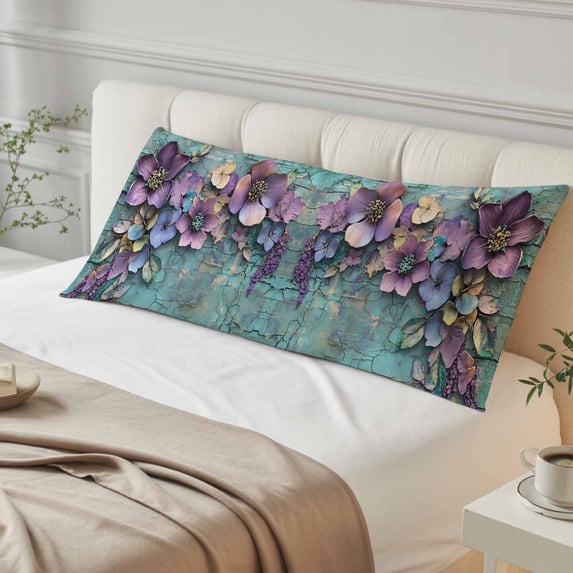Spring Purple Flower Body Pillow Cover, Pillowcase Protectors with Zipper, Breathable Decorative Throw Pillow Case Cover, Retro Wall Seamless Garden Pastoral Pillow Shams for Couch Sofa 20x60Inch