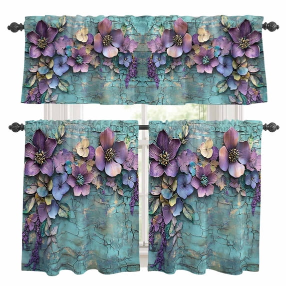 Spring Purple Flower Kitchen Curtains Sets for Windows 24 Inch Length, Retro Wall Seamless Garden Pastoral Rod Pocket Window Treatments Tier Curtains and Valances Set for Bedroom/Bathroom