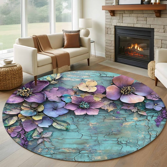 Spring Purple Flower Large Round Rug 8 FT, Non Slip Living Room Area Carpet, Retro Wall Seamless Garden Pastoral Washable Soft Circle Rug Non-Shedding Floor Carpet for Bedroom Office Dining Room