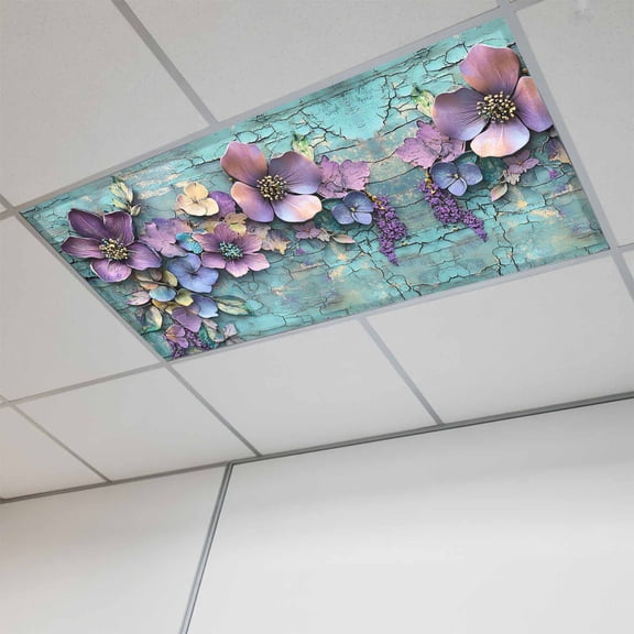 Spring Purple Flower Magnetic Fluorescent Light Covers for Ceiling Lights 2x4Ft,Retro Wall Seamless Garden Pastoral Office Classroom Kitchen Drop Ceiling Light Covers Filters Shade Panel 1Pack