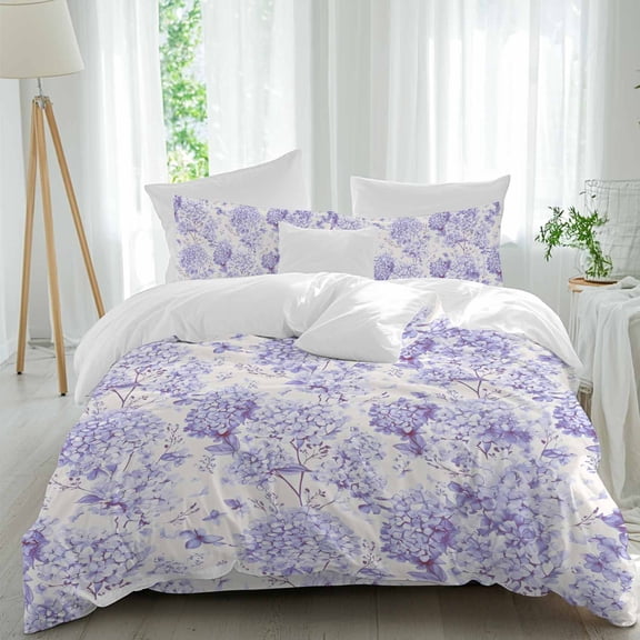 Spring Purple Flower Queen Size Comforter Set, Hydrangeas Floral Leaf Farm Plants Bedding for All Seasons, 4 Pcs Bed Set, 1Quiltcover (90"x92") ,1Sheet(94"x116"), 2Pillowcases (30"x20")
