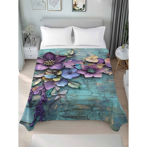 Spring Purple Flower Queen Size Flat Sheet, Wrinkleproof & Fadeproof Cooling Flat Bed Sheet Only, Retro Wall Seamless Garden Pastoral Breathable Soft Bedding Top Sheets 90 x 102 Inches