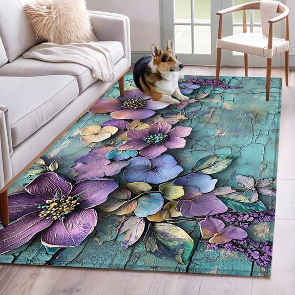 Spring Purple Flower Runner Rug 2.7x5 FT, Non Slip Entryway Carpet, Retro Wall Seamless Garden Pastoral Washable Soft Floor Carpet Entrance Mat Non-Shedding Throw Rug for Hallway Laundry Room Bedside