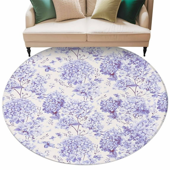 Spring Purple Flower Washable Area Rug 5 ft Hydrangeas Floral Leaf Farm Plants Soft Round Rugs for Living Room, Non Slip Carpet for Bedroom Entryway Dining Room