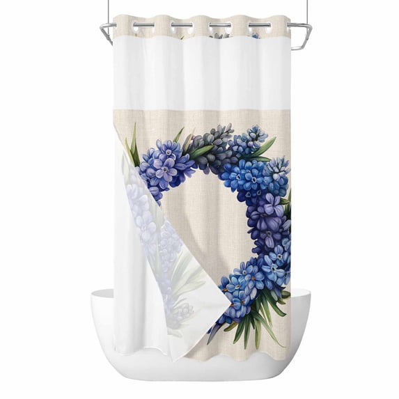 Spring Purple Flower Wreath No Hooks Shower Curtain with Snap-in Liner Country Watercolor Floral Leaf Linen Shower Curtains for Bathroom, Waterproof, Easy Install, Washable 54"x78"