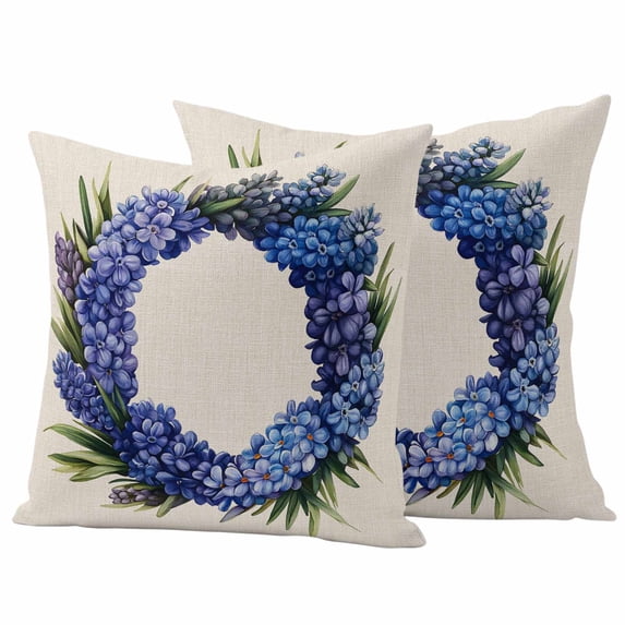 Spring Purple Flower Wreath Pillow Covers 2 Pack Country Watercolor Floral Leaf Linen Pillowcase Waterproof Outdoor Throw Pillow Cover for Patio Garden Square Cushion 20”x20”