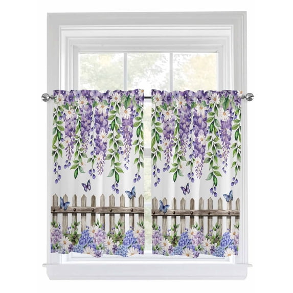 Spring Purple Flowers 2 Panel Kitchen Curtains for Windows, Farmhouse Leaves Fences Watercolor Bathroom Privacy Curtain, Home Décor Window Treatment for Bedroom/Living Room 55"x45"