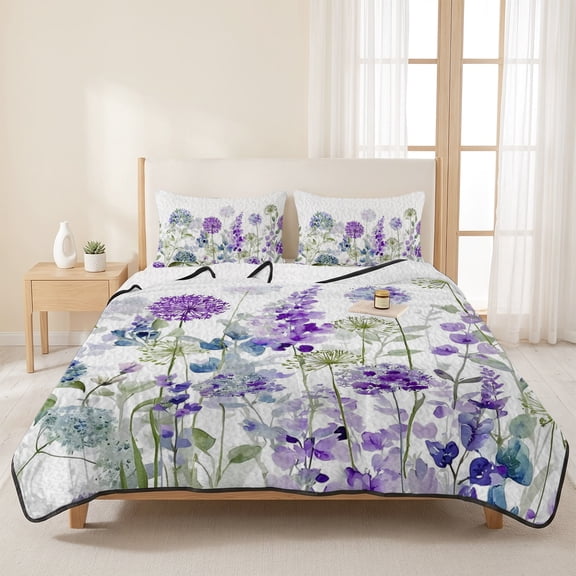 Spring Purple Flowers 3 Pieces Quilt Set,1 Quilt with 2 Shams,Country Plants Dandelion Bedspread Soft Lightweight Bedding Coverlet Comforter Set for All Season 96"x106"