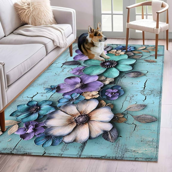 Spring Purple Flowers Area Rug 3x5 Washable Rug Non Slip Floral Mottled Teal Wall Retro Large Area Rug Indoor Floor Carpet for Entryway Bedroom Kitchen Living Room Home Office Dining Room Nursery