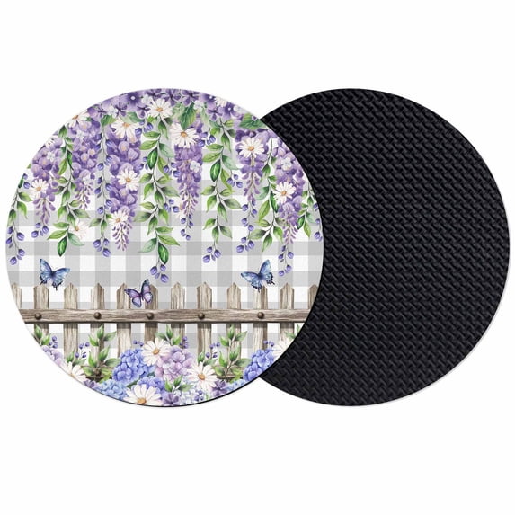 Spring Purple Flowers Coasters Set of 2, Absorbent Coasters for Drinks, Farmhouse Leaves Fences Gray Plaid Coaster for Desk Coffee Table Protection, Home Decor House Warming Gifts 4"