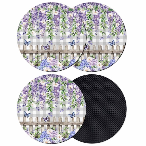 Spring Purple Flowers Coasters Set of 4, Absorbent Coasters for Drinks, Farmhouse Leaves Fences Gray Plaid Coaster for Desk Coffee Table Protection, Home Decor House Warming Gifts 4"