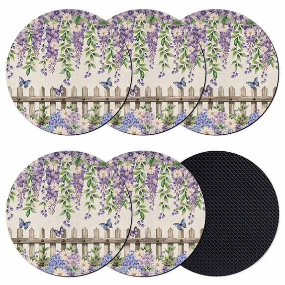 Spring Purple Flowers Coasters Set of 6, Absorbent Coasters for Drinks, Farmhouse Leaves Fences Burlap Coaster for Desk Coffee Table Protection, Home Decor House Warming Gifts 4"