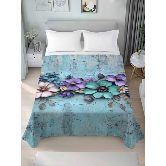 Spring Purple Flowers King Size Flat Sheet, Wrinkleproof & Fadeproof Cooling Flat Bed Sheet Only, Floral Mottled Teal Wall Retro Breathable Soft Bedding Top Sheets 105 x 98 Inches
