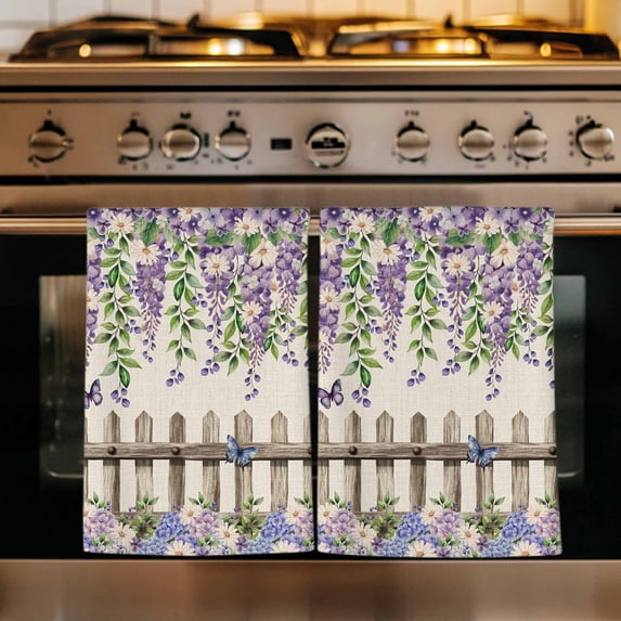 Spring Purple Flowers Kitchen Towels Set of 2, Farmhouse Leaves Fences Burlap Absorbent Dish Towels for Kitchen, Microfiber Hand Towel, Quick Drying Tea Towel for Cleaning Decorative Dishcloths