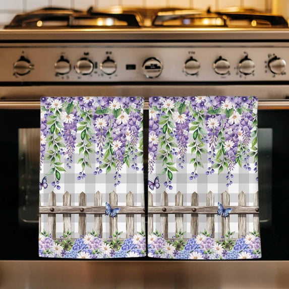Spring Purple Flowers Kitchen Towels Set of 3, Farmhouse Leaves Fences Gray Plaid Absorbent Dish Towels for Kitchen, Microfiber Hand Towel, Quick Drying Tea Towel for Cleaning Decorative Dishcloths