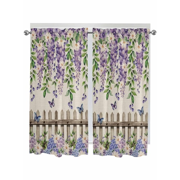 Spring Purple Flowers Living Room Curtains 2 Panel, Farmhouse Leaves Fences Burlap Cafe Window Treatment, Extra Long Farmhouse Bedroom Bathroom Kitchen Curtains Drapes 104"x72"