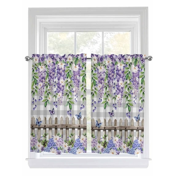 Spring Purple Flowers Living Room Curtains 2 Panel, Farmhouse Leaves Fences Gray Plaid Cafe Window Treatment, Farmhouse Bedroom Bathroom Kitchen Curtains Drapes 104"x45"