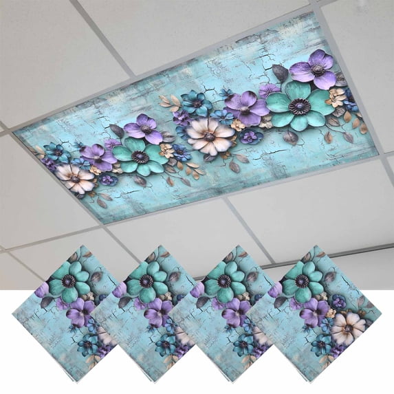 Spring Purple Flowers Magnetic Fluorescent Light Covers for Ceiling Lights 2x4Ft, Floral Mottled Teal Wall Retro Office Classroom Kitchen Drop Ceiling Light Covers Lighting Filters Shade Panel 4Packs