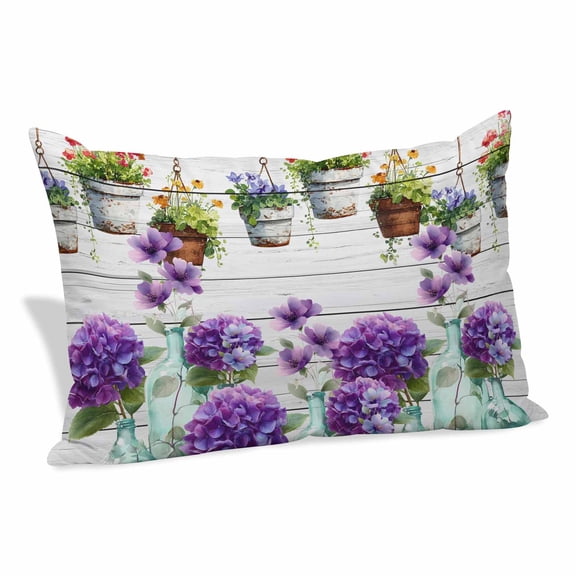 Spring Purple Flowers Pillow Covers 12"x20", Botanical Vases Pots Floral Wooden Soft Brushed Microfiber Breathable Throw Pillow Covers, Decorative Pillowcase with Zipper for Couch Sofa Bedroom