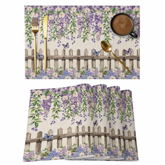 Spring Purple Flowers Placemats Set of 4, Farmhouse Leaves Fences Burlap Placemats for Dining Table, Place Mats for Kitchen Tabletop, Waterproof Wipeable Dining Table Mats Set