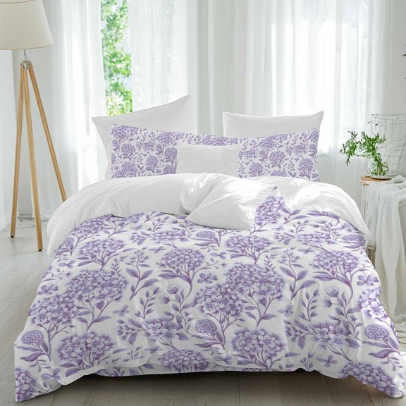 Spring Purple Flowers Queen Size Comforter Set, Hydrangeas Floral Leaf Plants Bedding for All Seasons, 4 Pcs Bed Set, 1Quiltcover (90"x92") ,1Sheet(94"x116"), 2Pillowcases (30"x20")