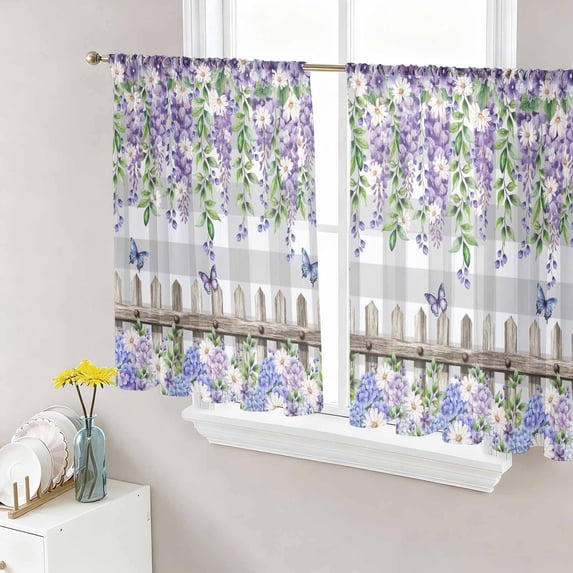 Spring Purple Flowers Sheer Curtains 45 Inch Length 2 Panels Set Window Treatments, Farmhouse Leaves Fences Gray Plaid Rod Pocket Semi Curtains for Living Room/Bedroom/Kitchen Décor, 104"W x 45"L