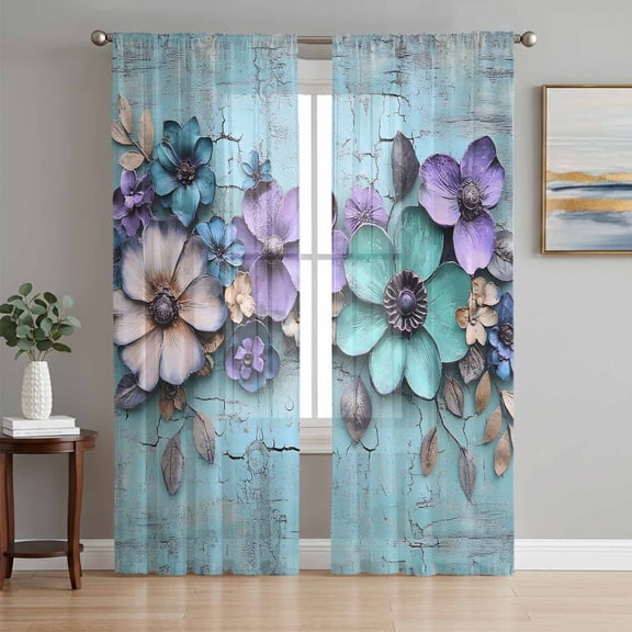 Spring Purple Flowers Sheer Curtains 63 Inch Length 2 Panels, Floral Mottled Teal Wall Retro Light Filter Drapes for Living Room Bedroom Window Treatments, Rod Pocket Privacy Semi Sheer Curtains